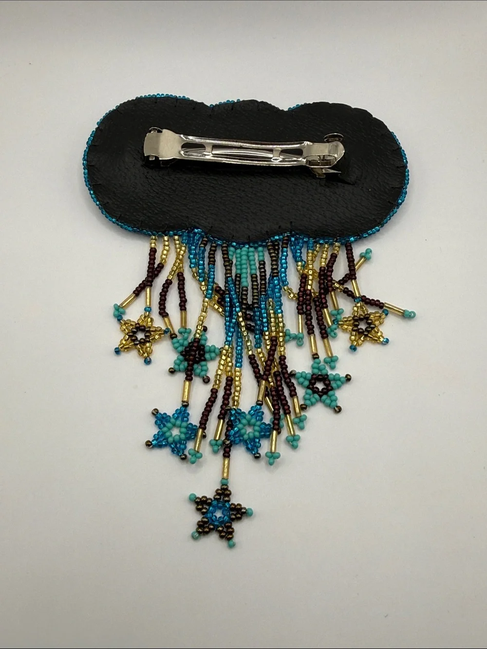 Vintage Native American Style Blue Brown Gold Seed Beaded Star Hair Barrette